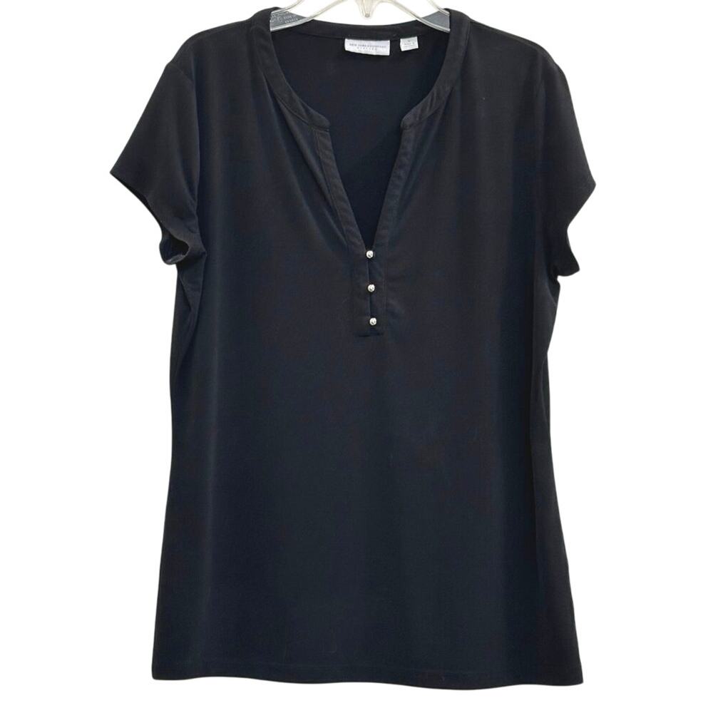 New York & Company NY&C Black Cap Sleeve Stretch Henley Top Metallic Buttons M